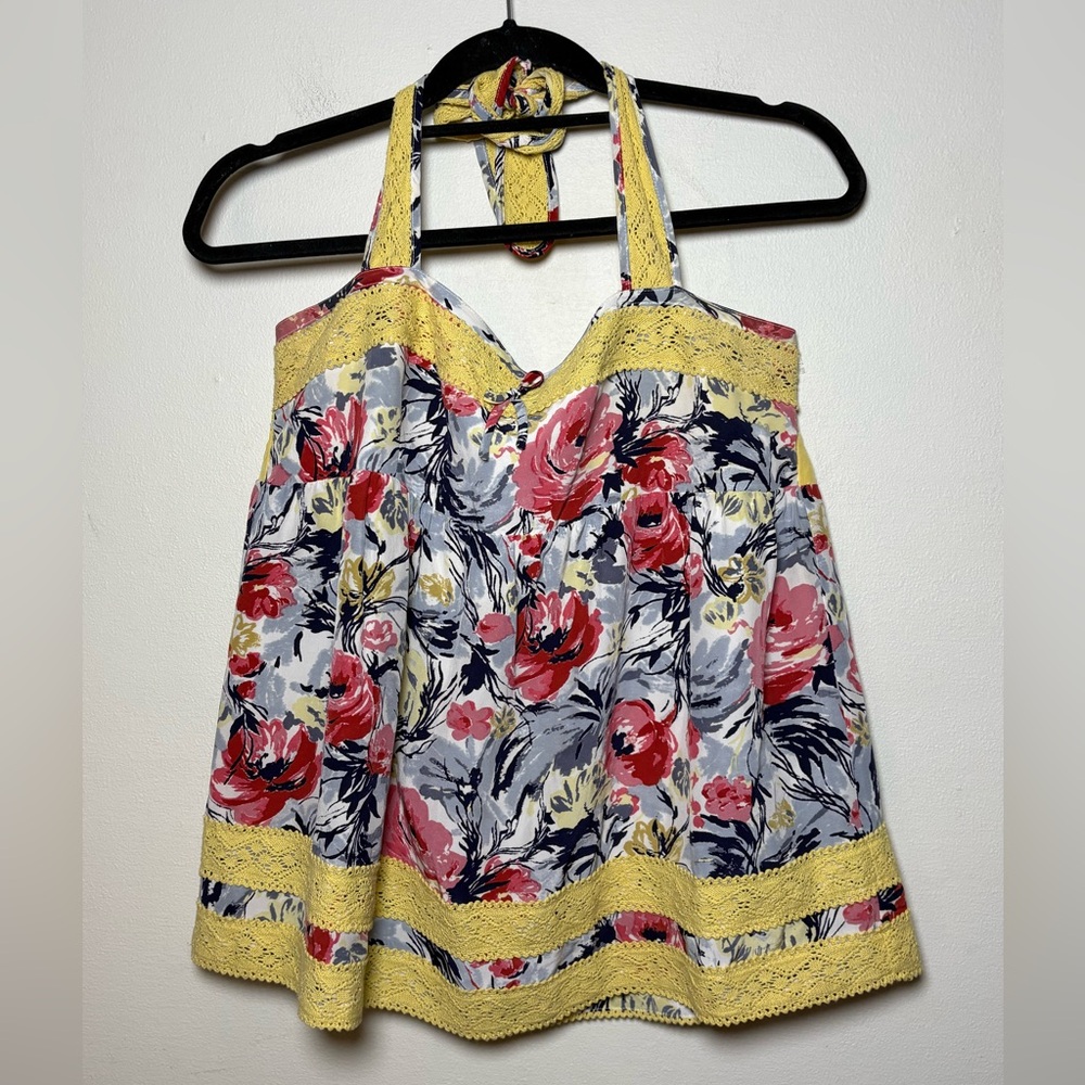 Manoush Vintage Floral Halter Top with Yellow Accents 100% Silk Size 40 US 8